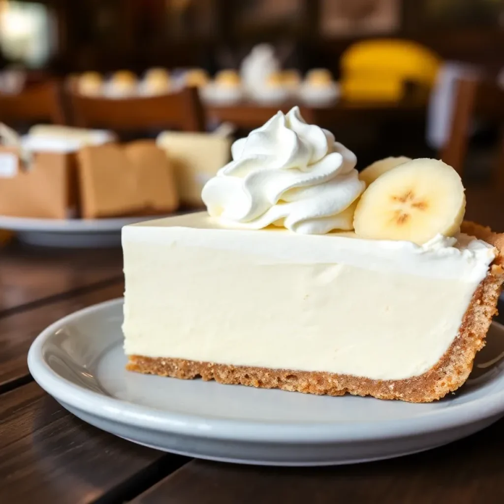 Slice of white chocolate banana cream pie with whipped cream