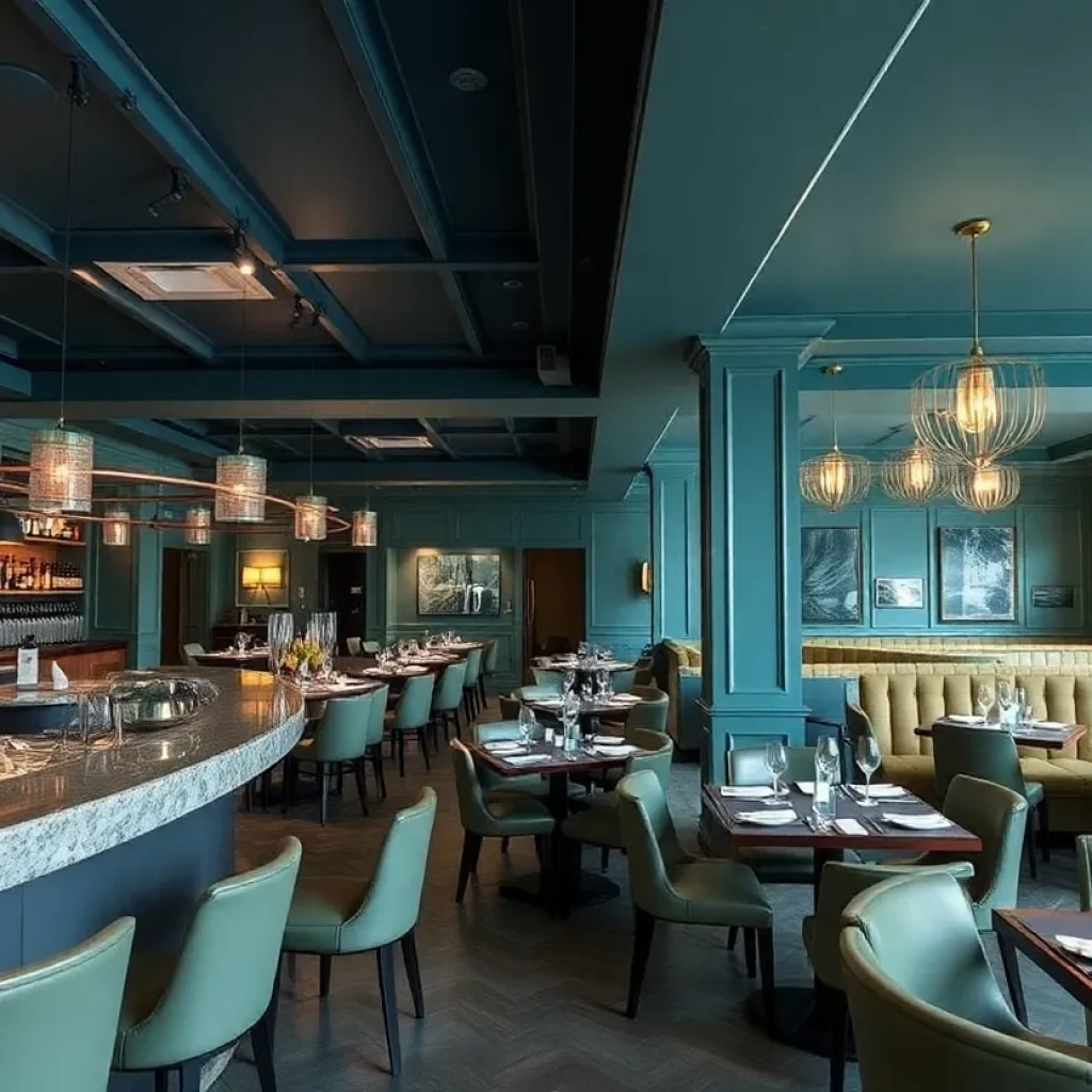 Interior view of Abyss Seafood Restaurant showcasing elegant dining areas and a raw bar.