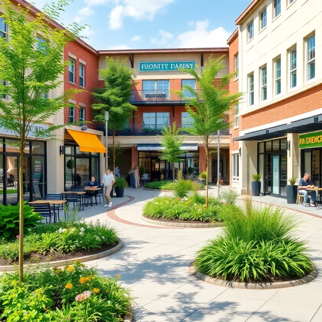 Render of the revitalized Baby Bi-Lo shopping center with landscaped areas and retail spaces.