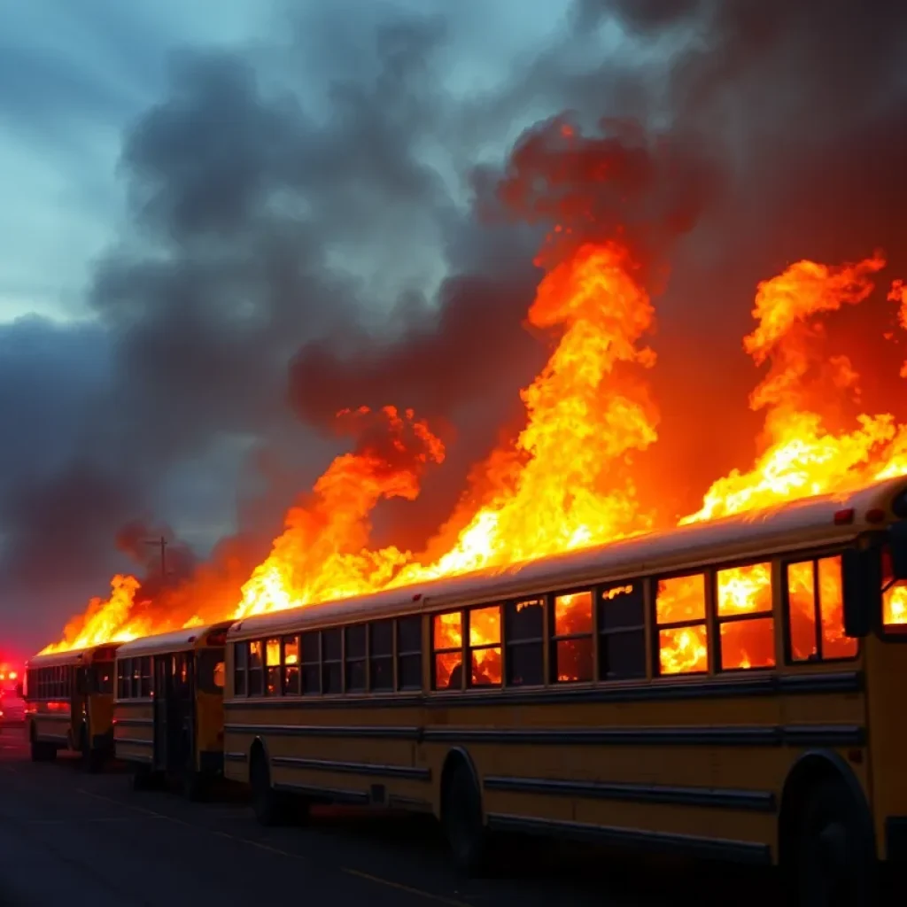 Engulfed school buses during arson incident in Greenville.