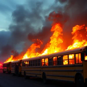 Engulfed school buses during arson incident in Greenville.