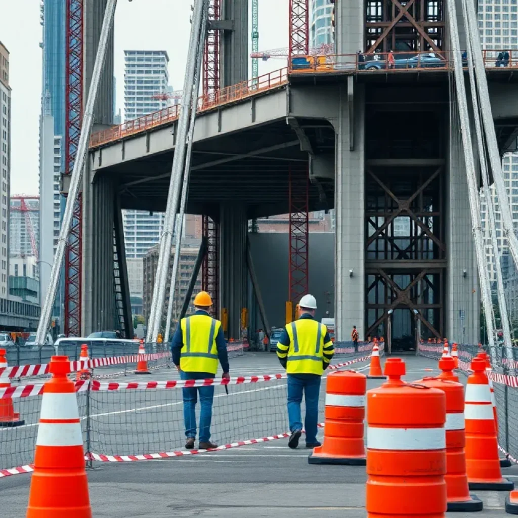 Construction site of Church Street Bridge in Greenville with workers
