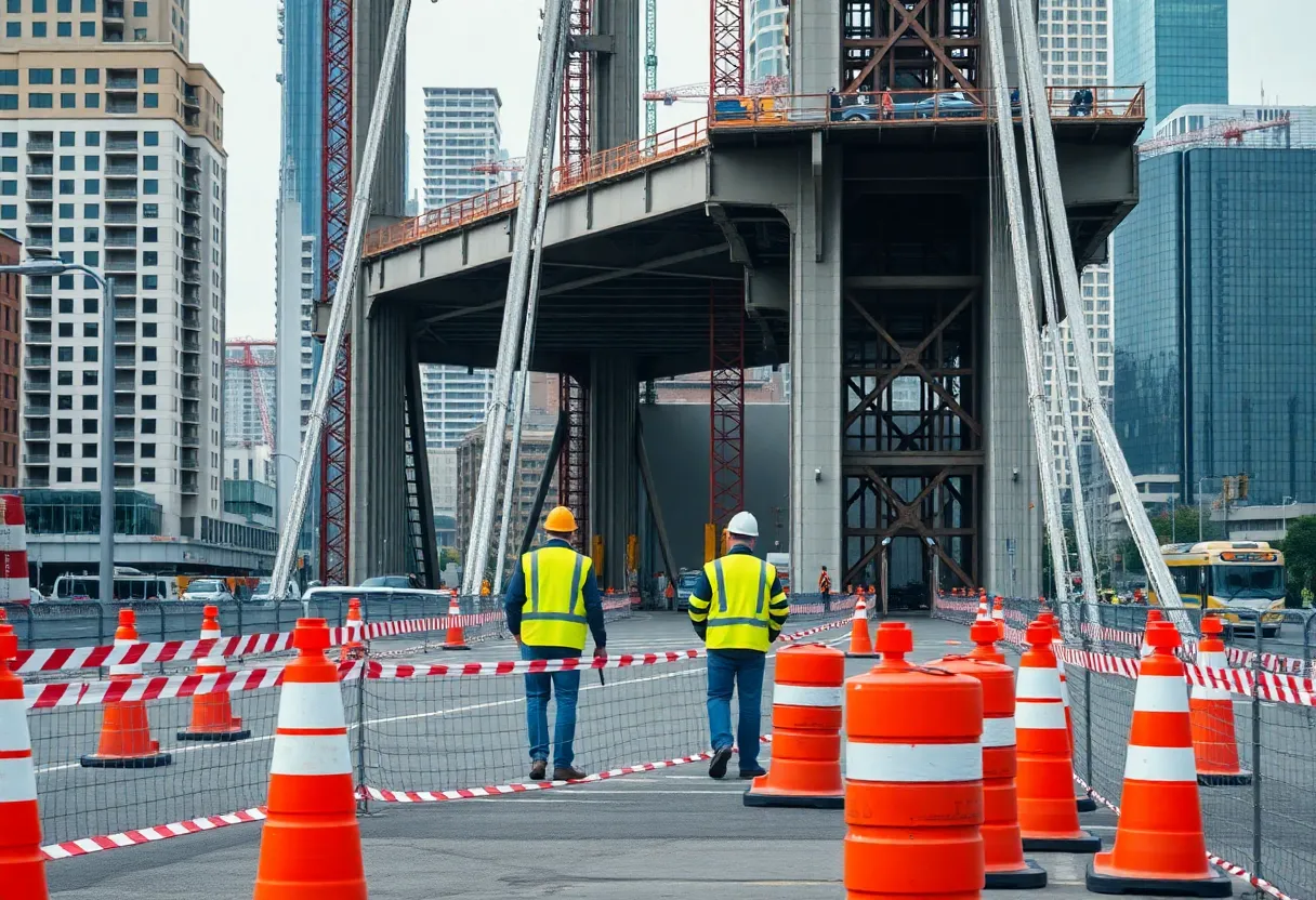 Construction site of Church Street Bridge in Greenville with workers