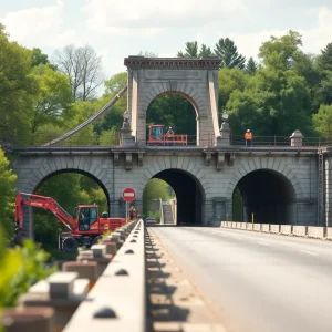 Construction workers renovating Church Street Bridge in Greenville