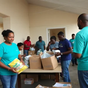 Volunteers repairing a community center and distributing supplies for recovery