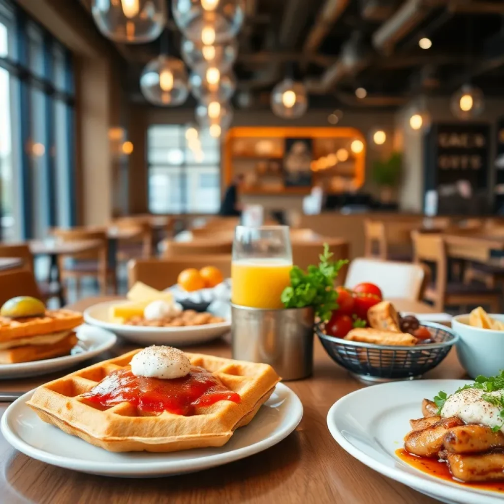 A table set with a variety of brunch dishes at Crave, showcasing waffles and savory options.