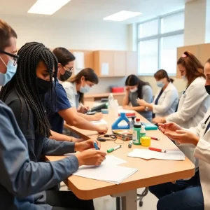 Students learning in a medical classroom setting
