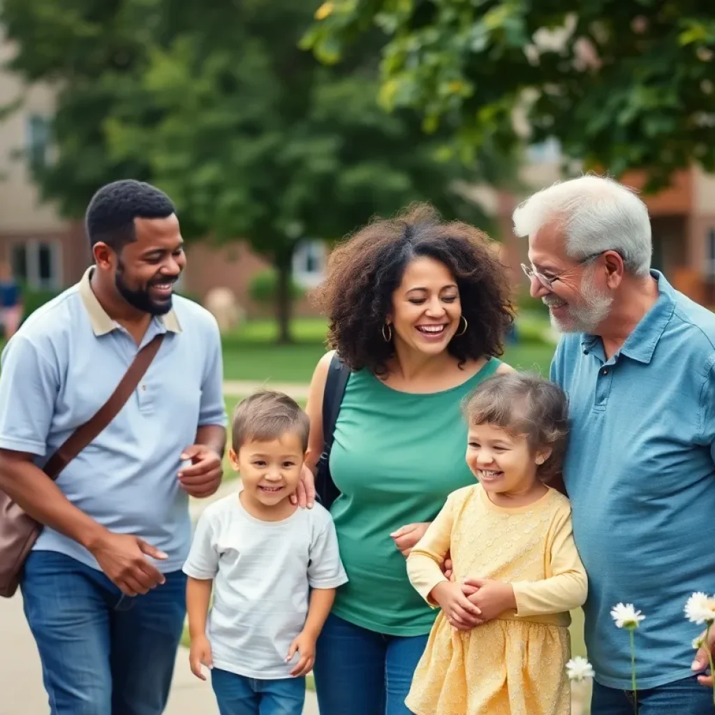 Families and seniors enjoying community space in Greenville's affordable housing area.