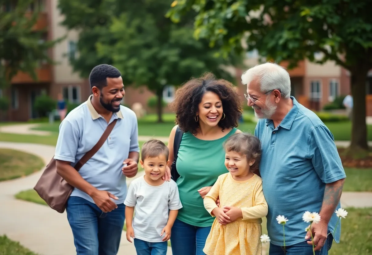 Families and seniors enjoying community space in Greenville's affordable housing area.