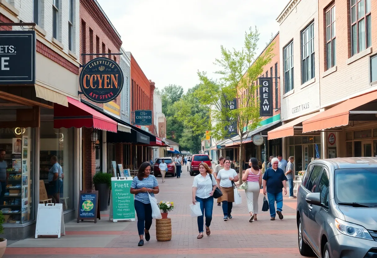 A busy commercial street in Greenville showcasing local businesses and activity.