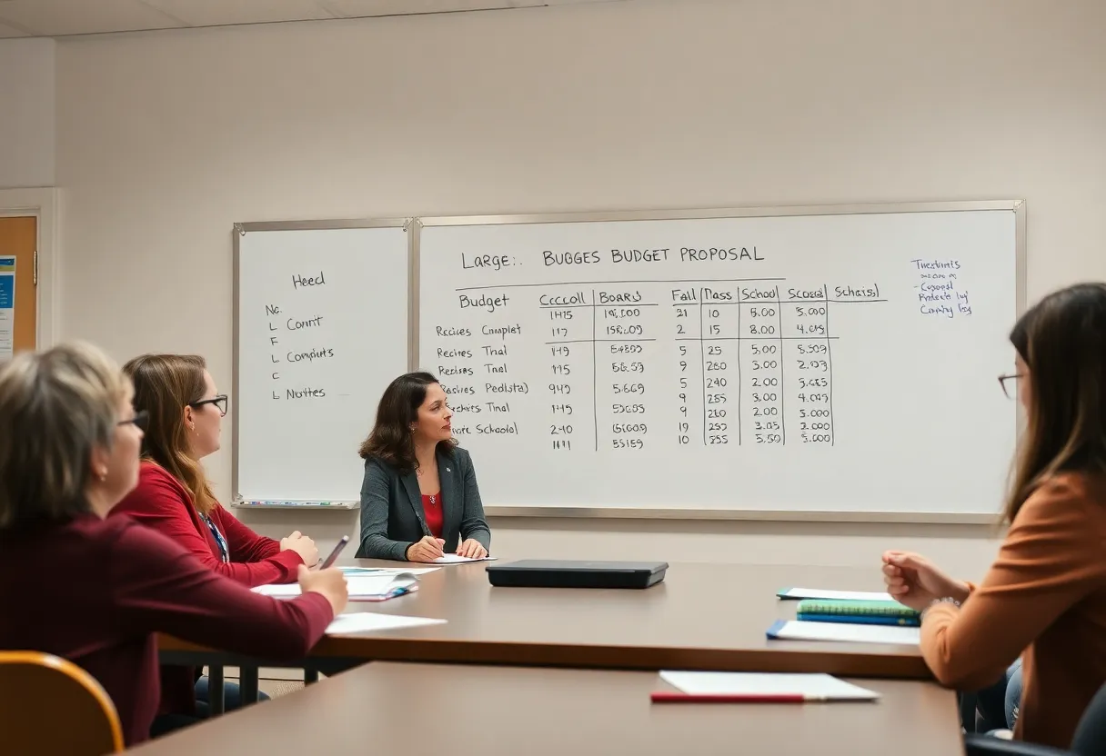 Meeting room with educators discussing the school budget proposal