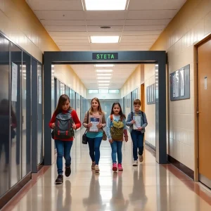 Students using a modern weapons detection system at school