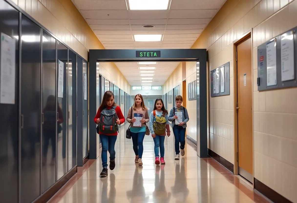 Students using a modern weapons detection system at school