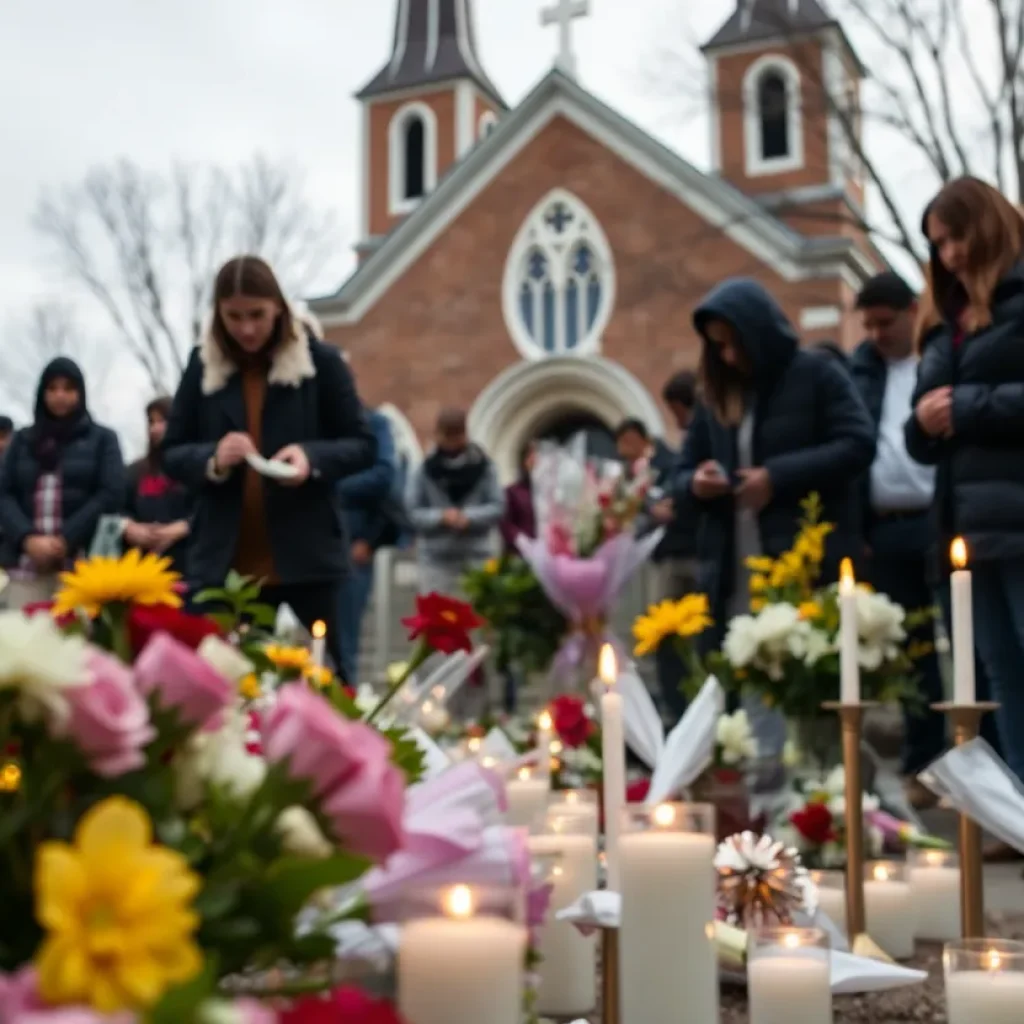 Memorial site with flowers and candles honoring shooting victim in Greenville County.