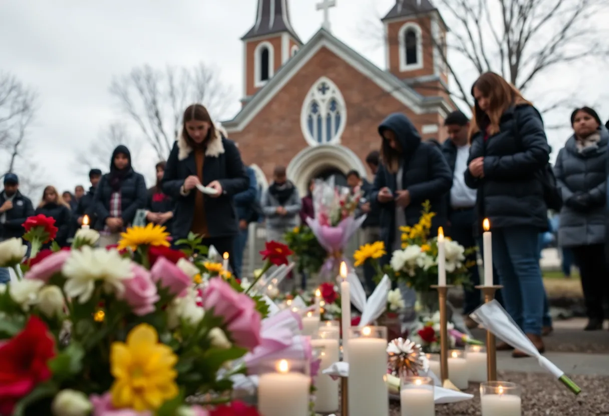 Memorial site with flowers and candles honoring shooting victim in Greenville County.