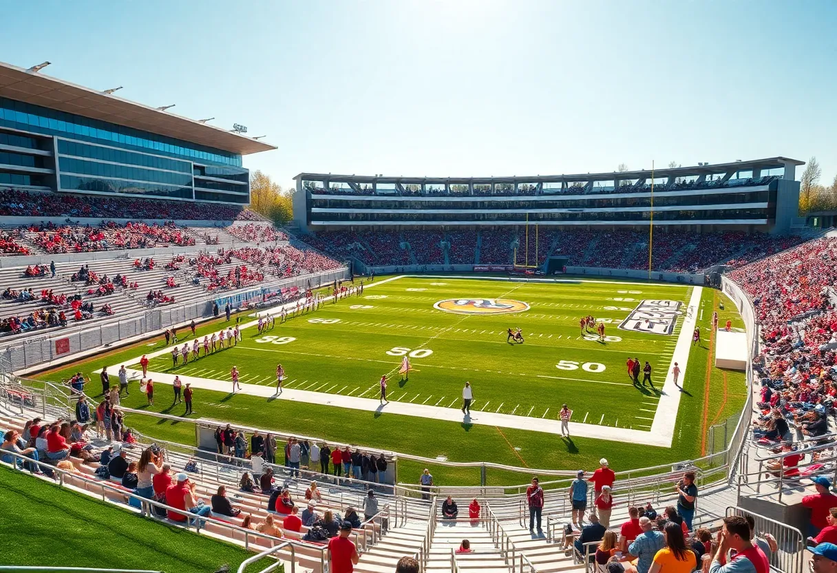 Greenville High School football stadium with artificial turf and cheering fans.