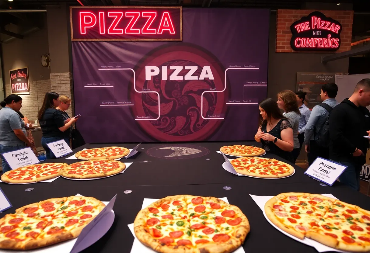 People voting in the Greenville pizza playoff competition with various delicious pizzas on display.