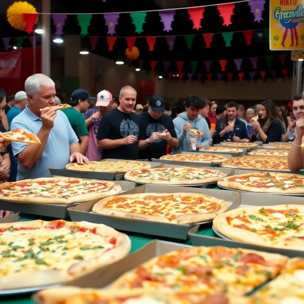 Crowd enjoying the Greenville Pizza Showdown with various pizza displays.