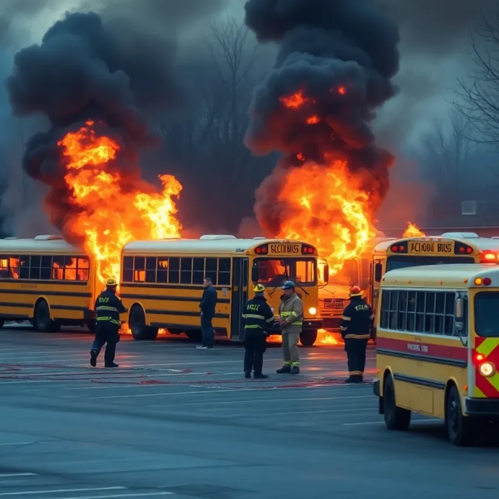 Firefighters responding to a fire on school buses