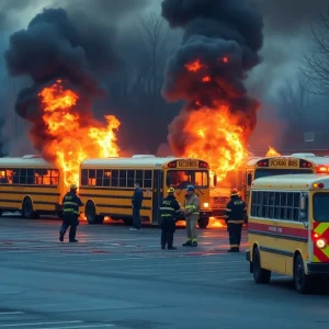 Firefighters responding to a fire on school buses
