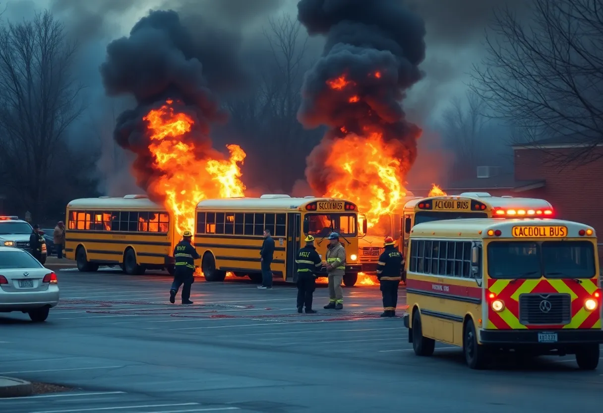 Firefighters responding to a fire on school buses