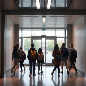 Futuristic security system at a school entrance
