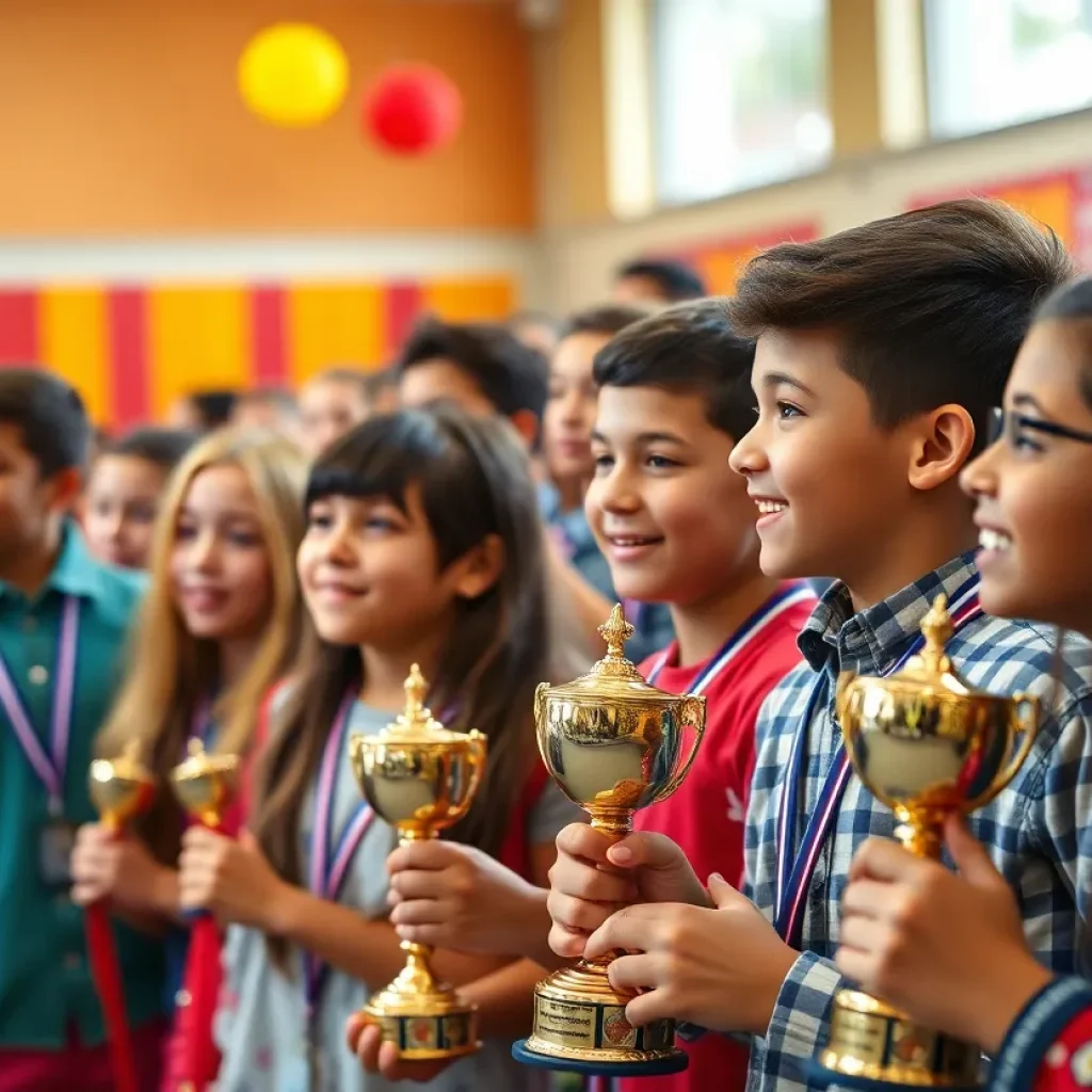 Students celebrating their achievements with trophies and awards in Greenville.