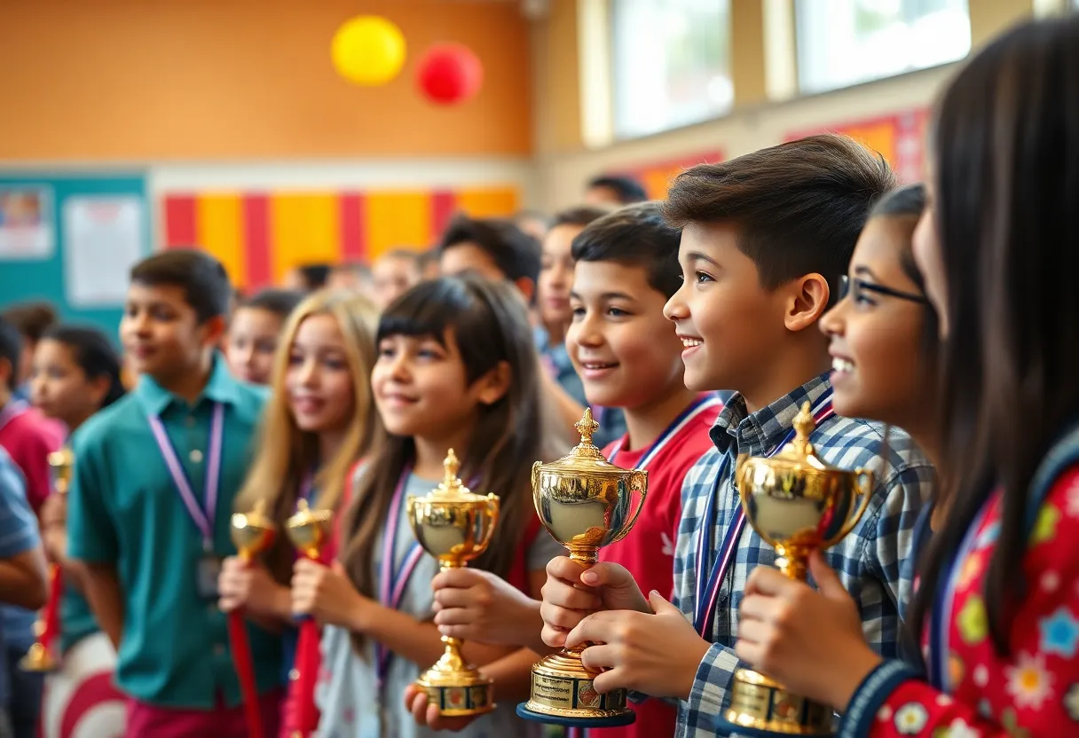 Students celebrating their achievements with trophies and awards in Greenville.