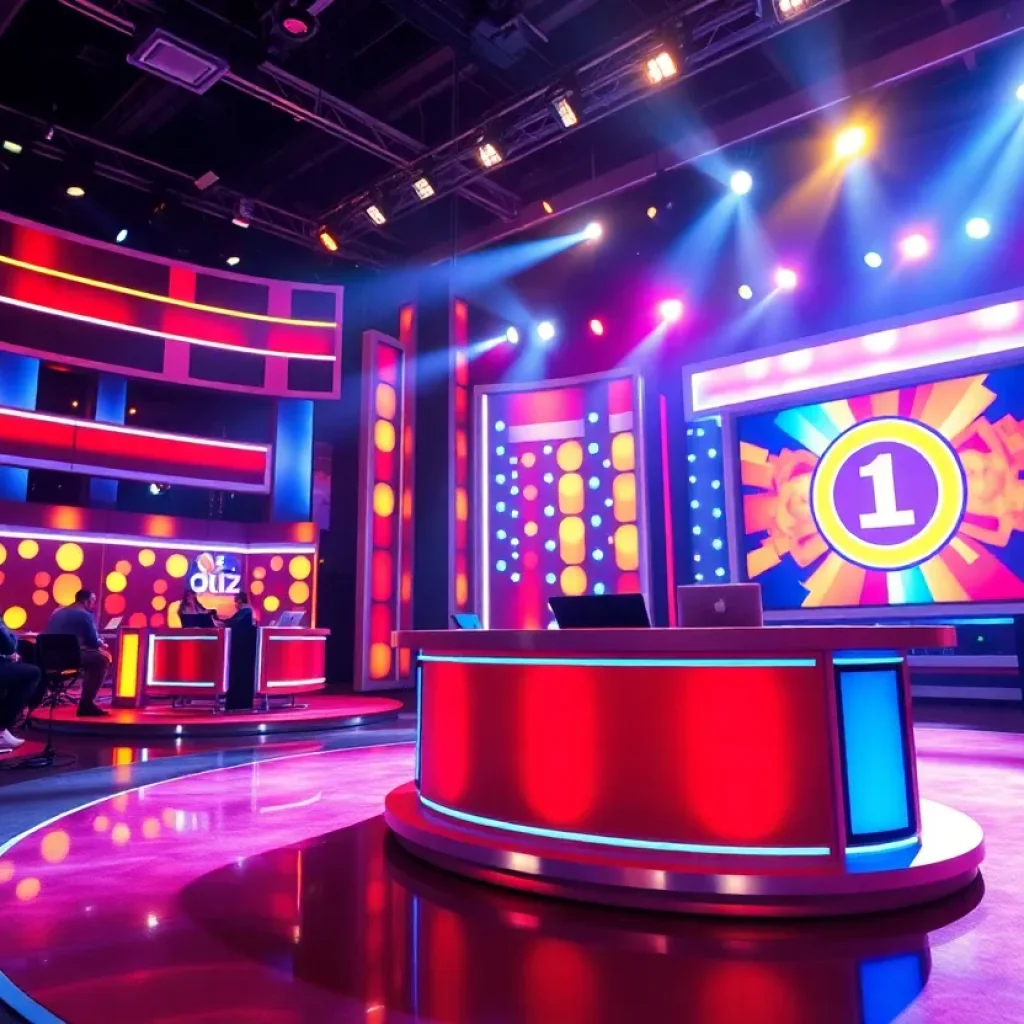 A colorful quiz show stage with lights and excitement