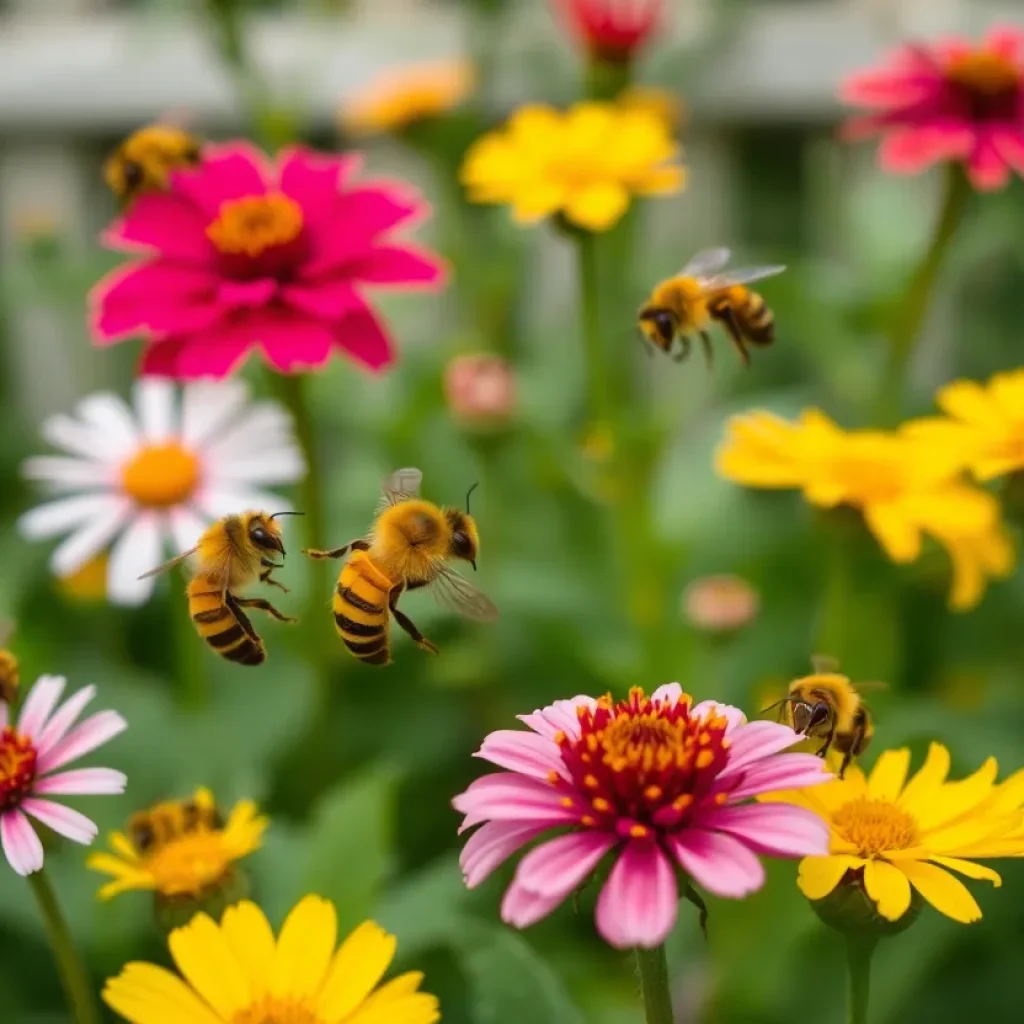 Honey bees pollinating flowers in a garden in Greenville, South Carolina with hints of yellow-legged hornets in the backdrop.