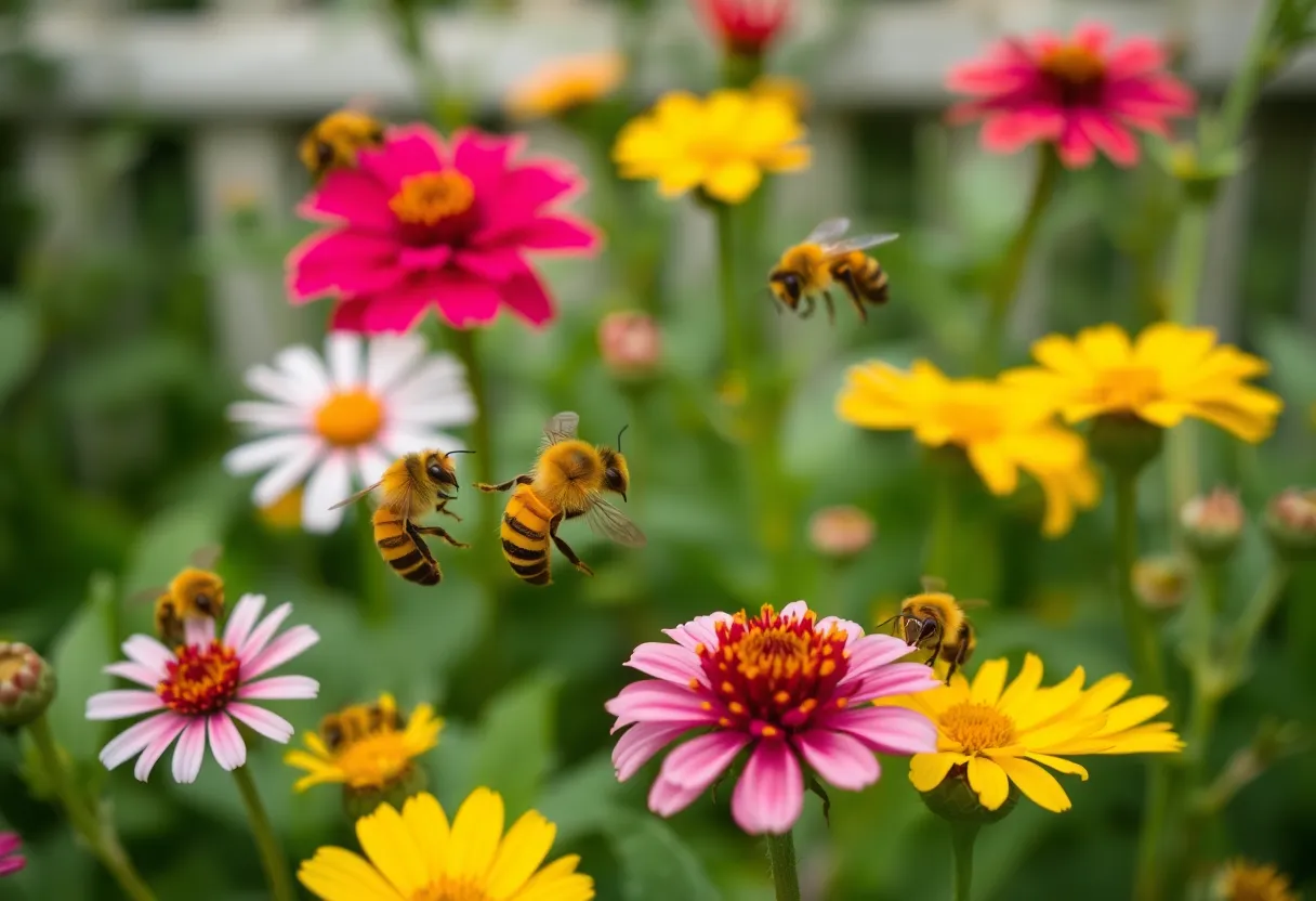 Honey bees pollinating flowers in a garden in Greenville, South Carolina with hints of yellow-legged hornets in the backdrop.