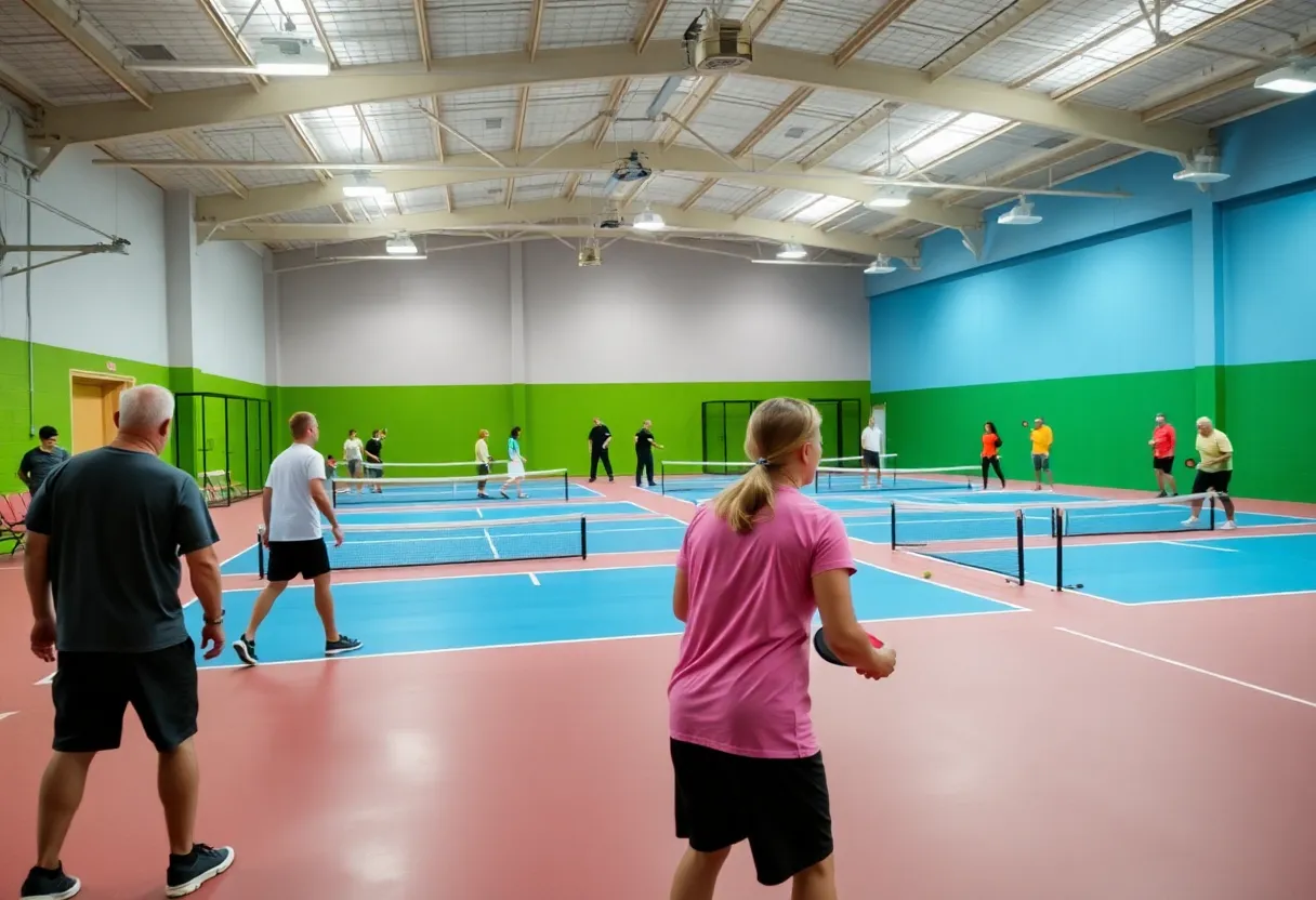 Indoor pickleball arena featuring multiple courts