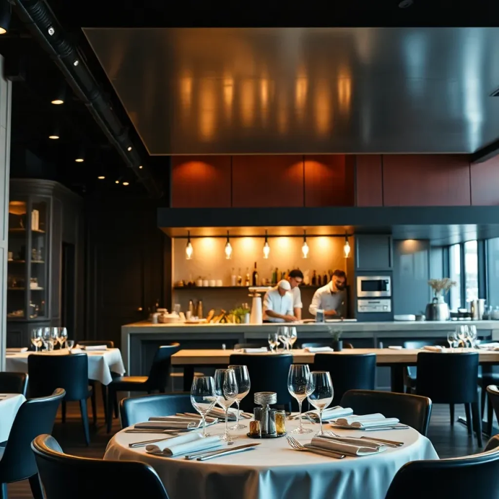 Interior of a fine dining restaurant with an open kitchen