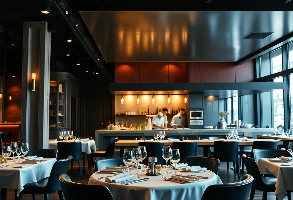 Interior of a fine dining restaurant with an open kitchen