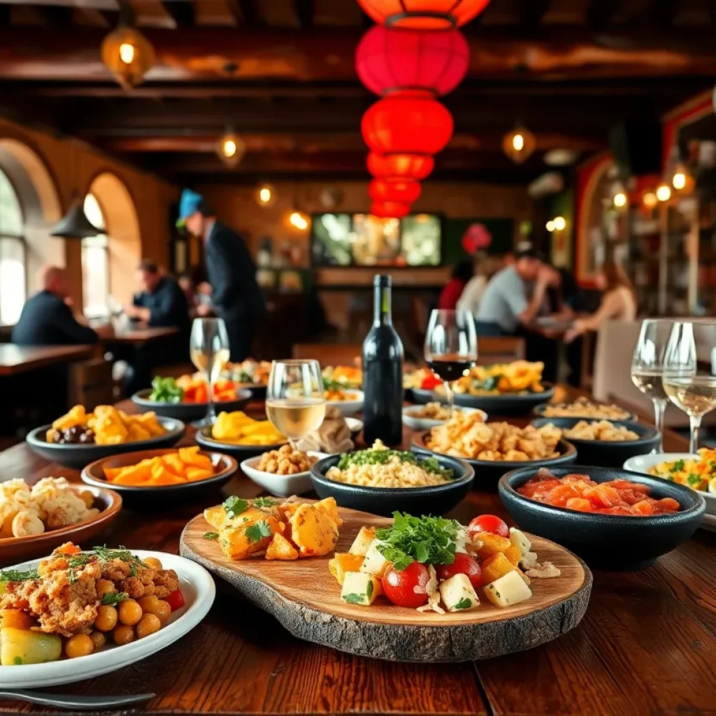 Interior view of Paseo restaurant with tapas dishes and diners