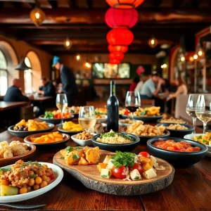 Interior view of Paseo restaurant with tapas dishes and diners