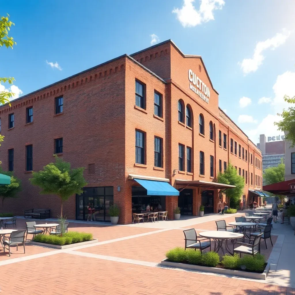 A revitalized historic cotton warehouse in Greenville with bustling cafes and shops.