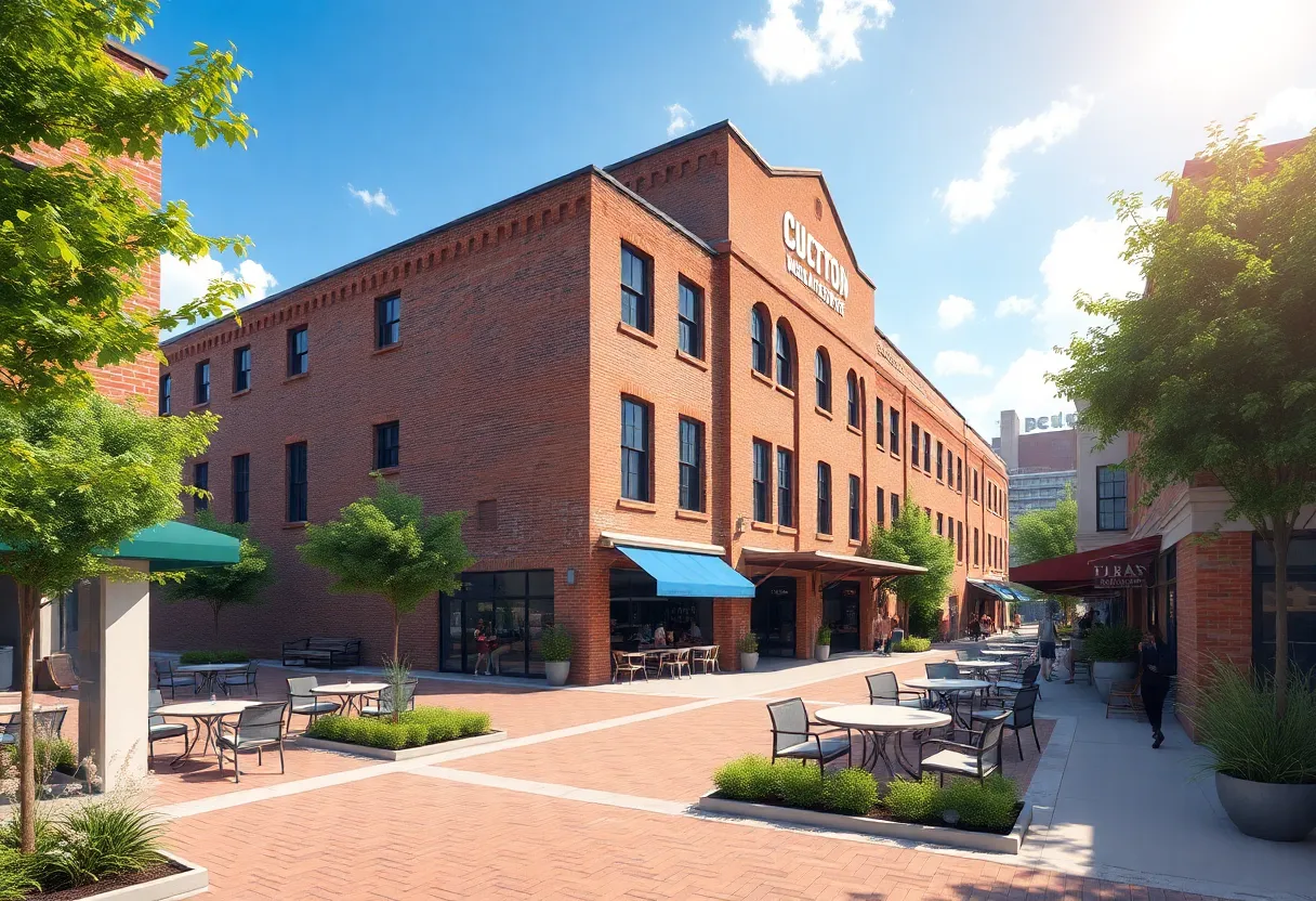 A revitalized historic cotton warehouse in Greenville with bustling cafes and shops.