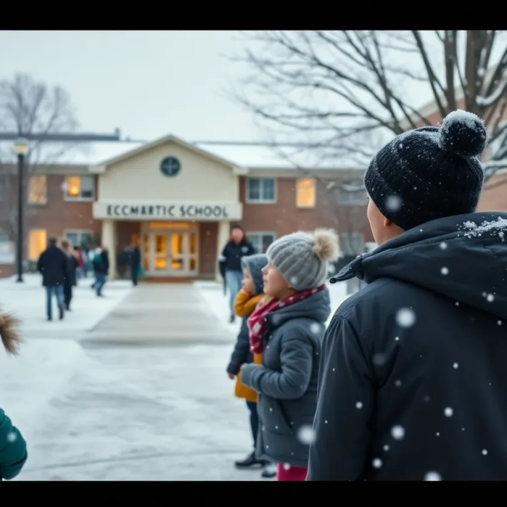Light snow falling on a school building with students outside