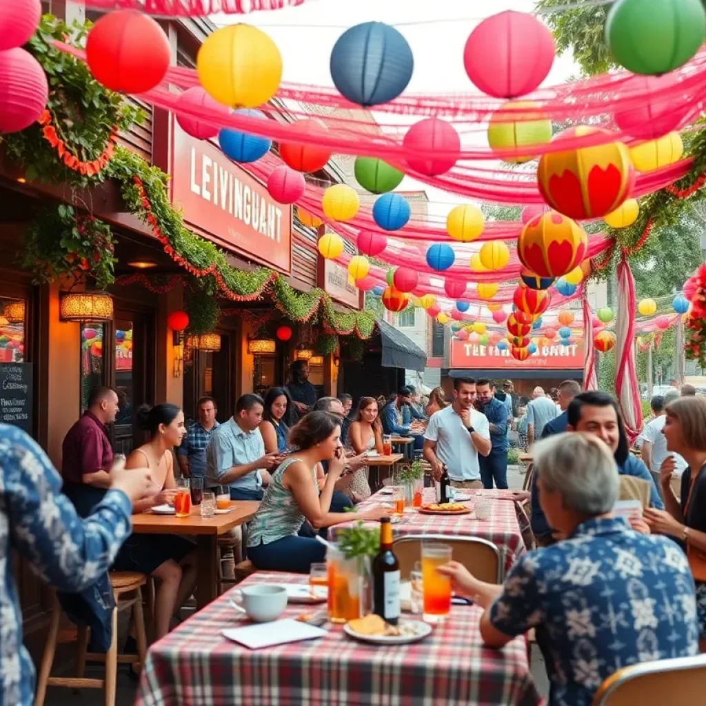 A lively outdoor scene at The Matador's grand opening with people enjoying Mexican food and drinks.