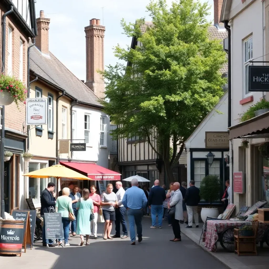 A lively street in The Village of West Greenville with shops and people enjoying the day.
